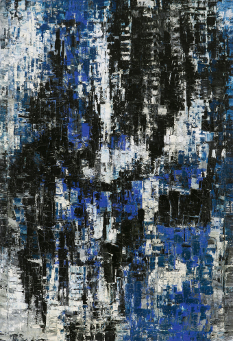 Signatur: rücks.bez.o.r.: F.Thieler / 1957 / W. S3. 57 / steigend-schwarz-weiß- blau / 130,3 x 89,7 cm